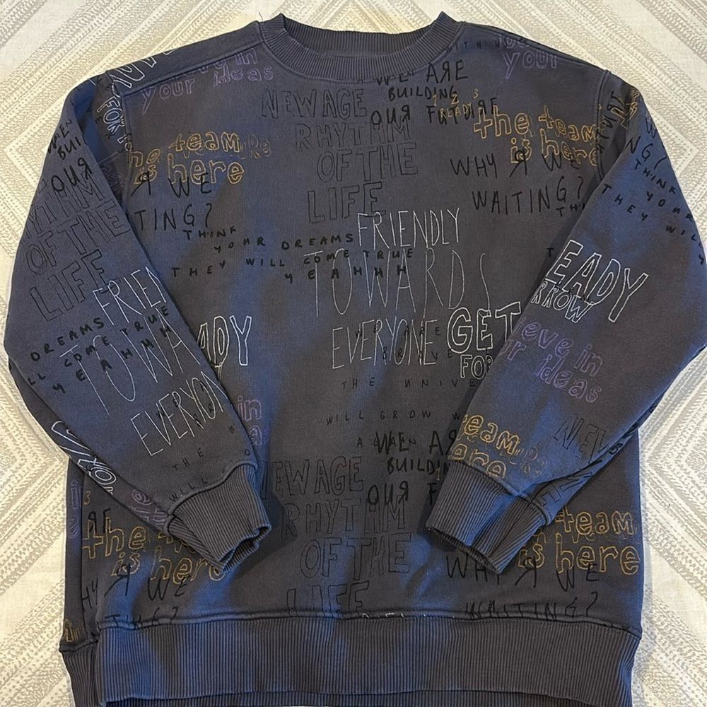 Zara Boys Dark Grey Crewneck Sweatshirtry with Text Writing All Over - Size 9